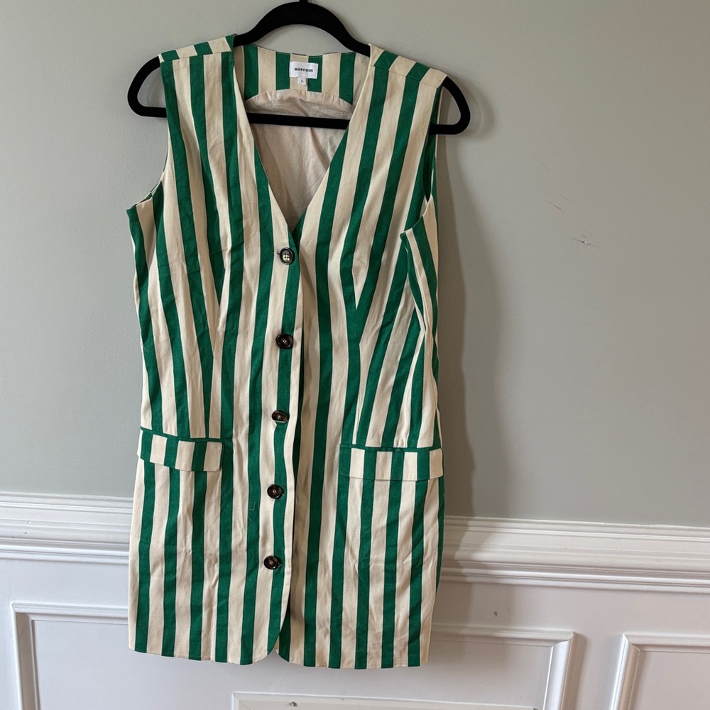 Green and Cream striped French Inspired Vest/dress size Large
